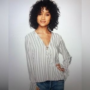 NEW With Tags TJD Boho Aries Navy Nautical Strip Bell Sleeve Blue & White Top